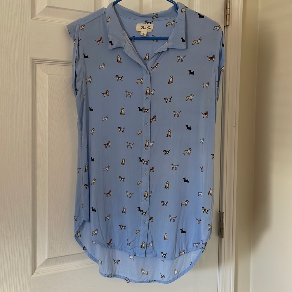 Per Se Light Blue Dogs Short Sleeved Button Down